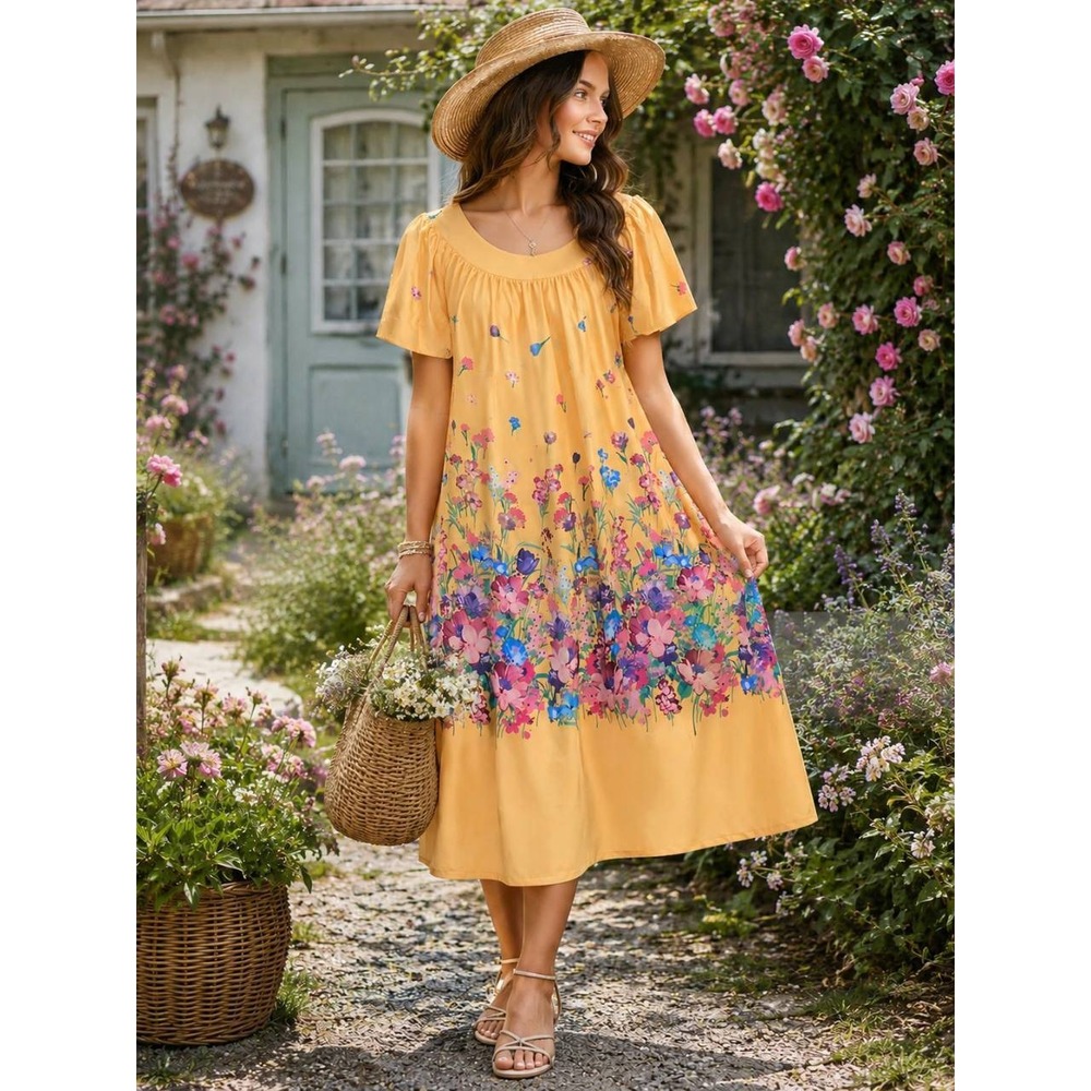 Anthony Richards MuMu Womens 1X Yellow Floral Boho Cottagecore Midi MuuMuu NEW‎